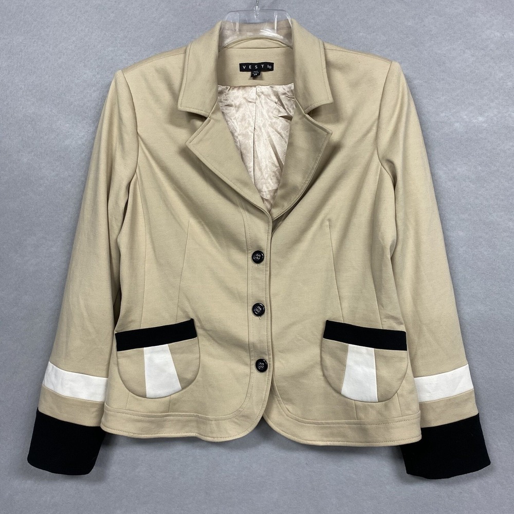 Vesti Blazer Long Sleeves Women’s 14 Tan & Black Button Up Stretch w/ Pockets